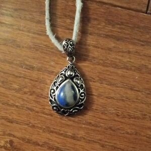 Scroll Work Silver Tone Sodalite Pendant Necklace